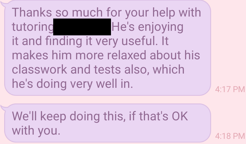 Anonymised parent conversation about enjoying lessons; two consecutive messages